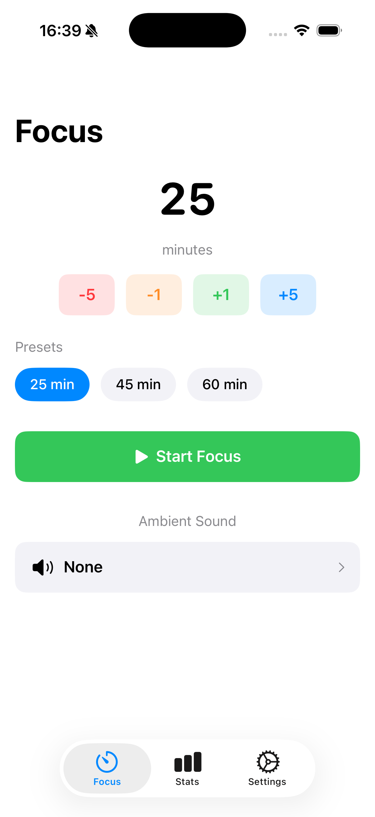 Focus Minutes app home screen
