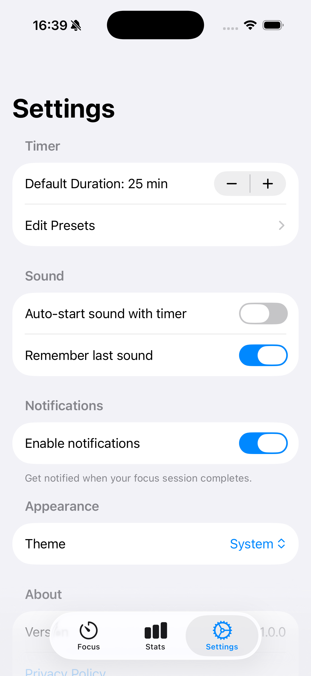 Focus Minutes settings screen